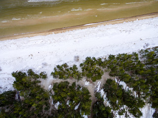 aerial view of frozen forest lake in winter