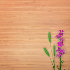 Delphinium flower on a wooden background. Free space for text.