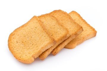 Slices of toast bread on wooden table, top view.