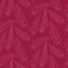 Seamless background vintage carved feathers. Pattern. White feathers on a colored background.