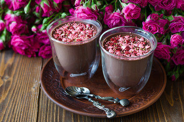 Chocolate panna cotta with cinnamon hearts and roses for Valenti