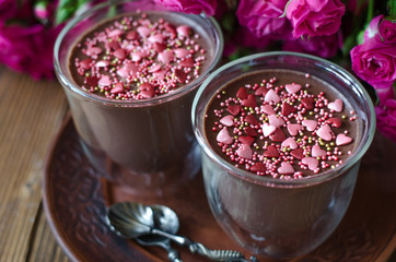 Chocolate panna cotta with cinnamon hearts and roses for Valenti