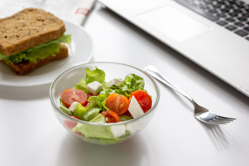 concept of lunch in officeat work top view