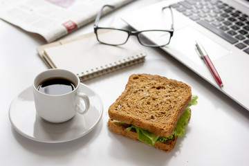 concept of lunch in officeat work top view