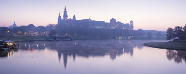 Fototapeta panorama of blue morning on the river with castle obraz