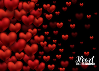 Red Love Romantic Hearts on Abstract Love Background. February 14. Valentines day card banner Global love day Three Dimensional shapes. Vector Illustration.