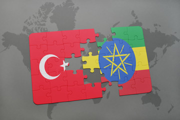 puzzle with the national flag of turkey and ethiopia on a world map