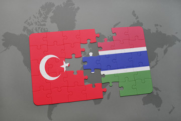 puzzle with the national flag of turkey and gambia on a world map