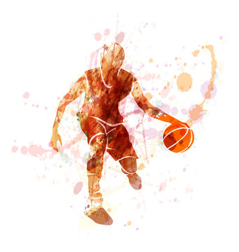 Colored vector silhouette of basketball player with ball