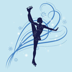 Silhouette of the figure skater against the background of blue p