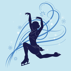 The figure skater's silhouette on a blue background - obrazy, fototapety, plakaty
