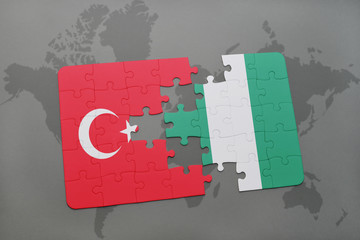 puzzle with the national flag of turkey and nigeria on a world map