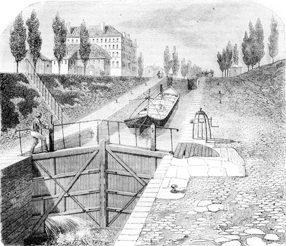 View of part of the Canal Saint Martin, vintage engraving.
