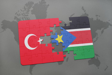 puzzle with the national flag of turkey and south sudan on a world map