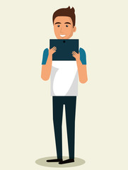 young man using smartphone avatar character vector illustration design