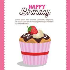 happy birthday party invitation with sweet cupcake vector illustration design