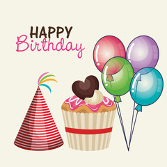 happy birthday party invitation with sweet cupcake vector illustration design