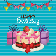 happy birthday invitation with sweet cake vector illustration design