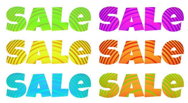 set of vector sale words green blue yellow pink red orange with curved stripes