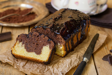 Chocolate loaf marble cake with chocolate glazing