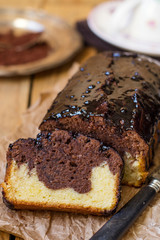 Chocolate loaf marble cake with chocolate glazing