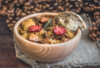 Traditional Sour Cabbage Soup with Sausage and Mushrooms
