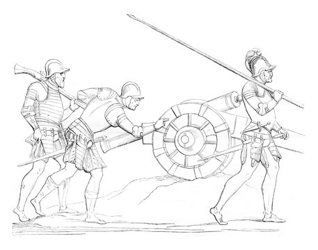 Arquebusier Swiss band, gunner, Picquier, vintage engraving.