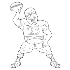 Funny cartoon american football player dancing with a ball. Black and white illustration