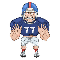 American football player. Cartoon illustration of lineman ready to body check. Isolated on white