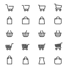 Shopping baskets and store bags line icons isolated on white. Vector illustration