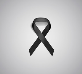 Black realistic awareness ribbon on white background. Mourning a