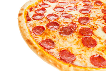 Part of delicious classic italian Pizza Pepperoni with sausages and cheese mozzarella