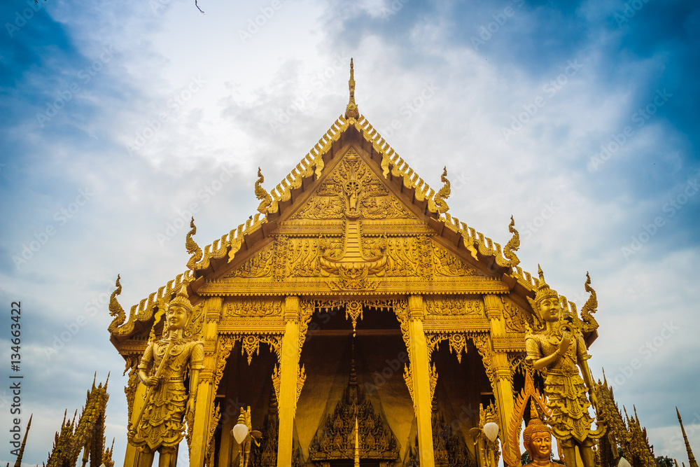 Sticker beautiful and amazing golden buddhist temple at wat paknam jolo , bangkla , chachoengsao , thailand