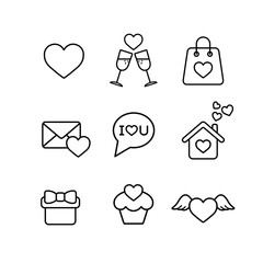 valentine day love wedding line icons set black on white