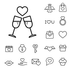 champagne glasses couple line black on white icons set