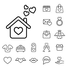 house cosiness couple love line black on white icons set