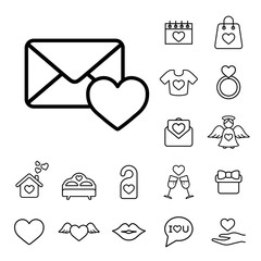 valentine day card envelope line black on white icons set