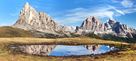 View from passo Giau, mountain lake, Dolomites mountains