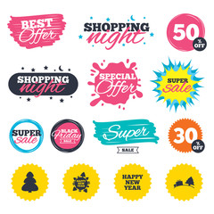 Happy new year sign. Christmas trees.