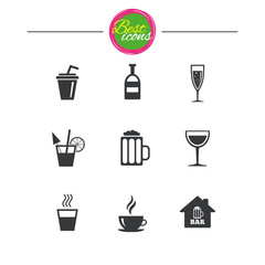 Coffee, tea icons. Alcohol drinks signs.