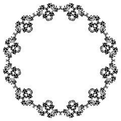 Round black and white frame with abstract decorative flowers. Copy space.