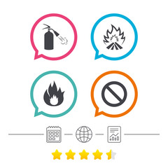 Fire flame icons. Prohibition stop symbol.