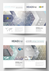 Business templates for brochure, magazine, flyer, booklet. Cover design template, abstract flat layout in A4 size. DNA molecule structure on blue background. Scientific research, medical technology.