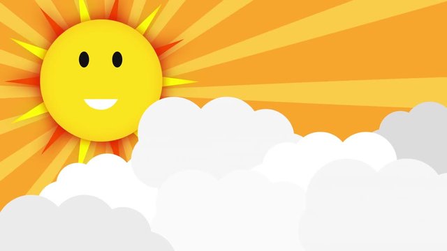 cartoon sun and clouds in sky seamless loop, cute smiling sun vs cloud attack. summer vs winter concept. cartoon background.