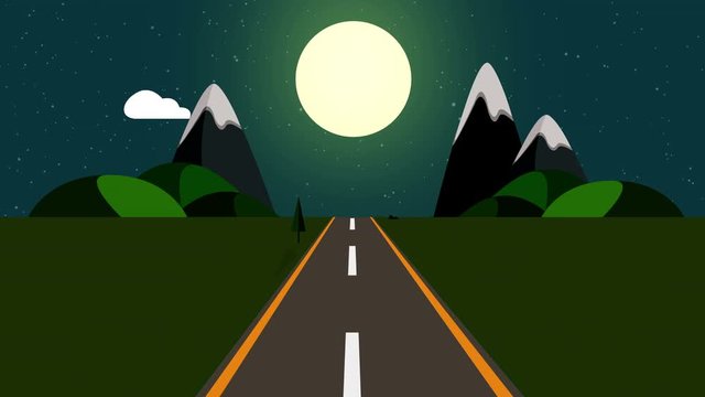 ride through a cartoon highway seamless loop. Animated road at night with starry sky and big moon with space for your object, text or logo Seamlessly loop. Colorful cartoon nature background.