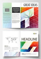 Business templates for bi fold brochure, magazine, flyer. Cover template, easy editable vector, flat layout in A4 size. Colorful design background with abstract shapes and waves, overlap effect.