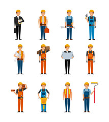 construction workers cartoon icon set over white background. colorful design. vector illustration