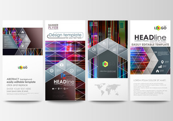 Flyers set, modern banners. Business templates. Cover design template, abstract vector layouts. Glitched background made of colorful pixel mosaic. Digital decay, signal error. Trendy glitch backdrop.