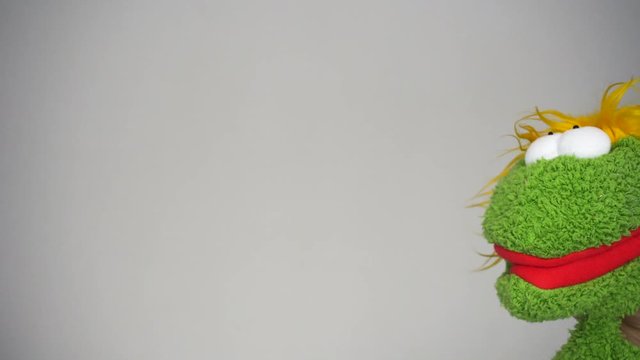 Funny green puppet watching in camera