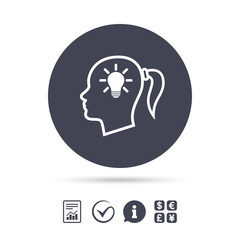 Head with lamp bulb sign icon. Female woman head.